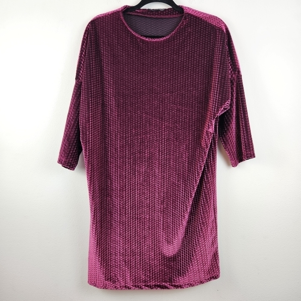 Zara Women's Tunic Top Mini Shift Dress S Small Maroon Velour Oversized